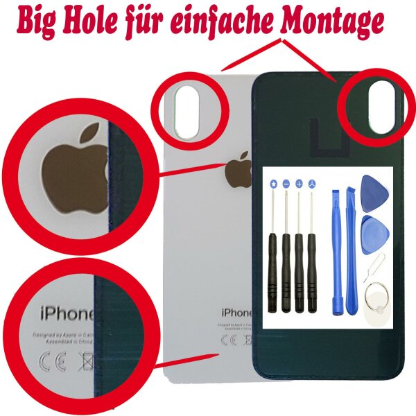 BIG HOLE Original Akkudeckel für iPhone X Backcover Rückcover Hinterschale Rückoberschale Großes Kameraloch weiss Profi-WerkzeugSet