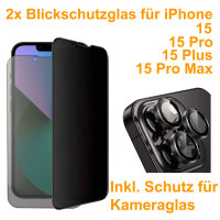 2x Blickschutz Panzerfolie für iPhone 15 Pro Max PLUS Sichtschutz Folie Privacy Schwarz Mat + Kameraschutz