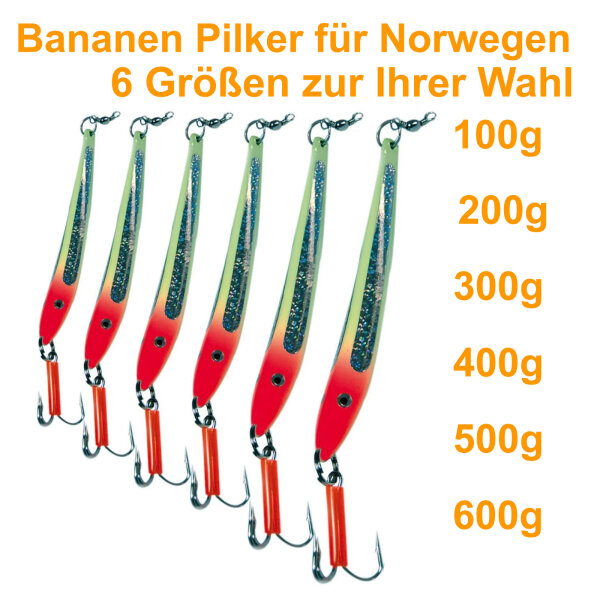 Bananen Pilker für Norwegen selbstleuchtend 100 - 600g Leuchtpilker Meerespilker