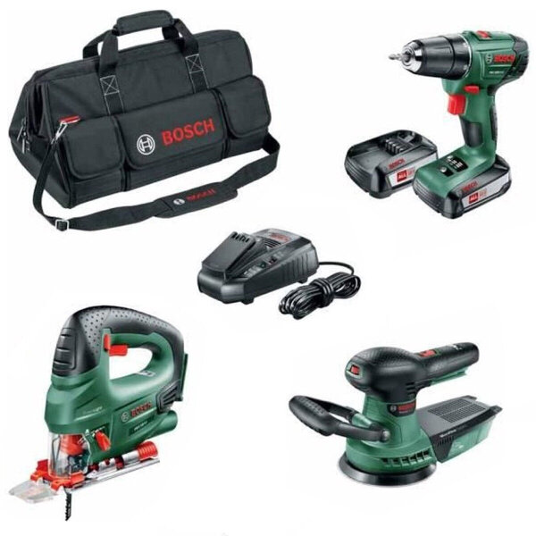BOSCH Werkzeug Set 18V Akkuschrauber Stichsäge Exzenterschleifer 2 Akkus Neu OVP