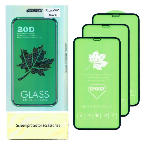 3x Fur iPhone 10 / X / XS / 11 PRO 20D Schutzglas Tempered glass 9H Schutzfolie Displayschutz mit 20D Box